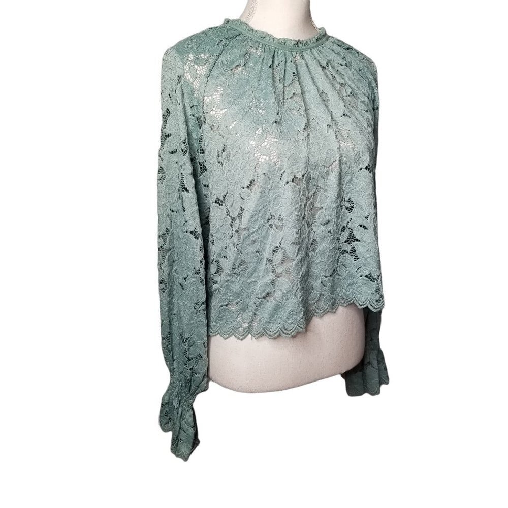 Free People Olivia Balloon Sleeve Washed Jade Green Lace Crop Blouse Top Size XS